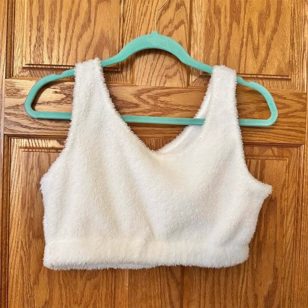 SHEIN Tank Top Womens Size M Ivory Plush Fuzzy Cropped Lounge